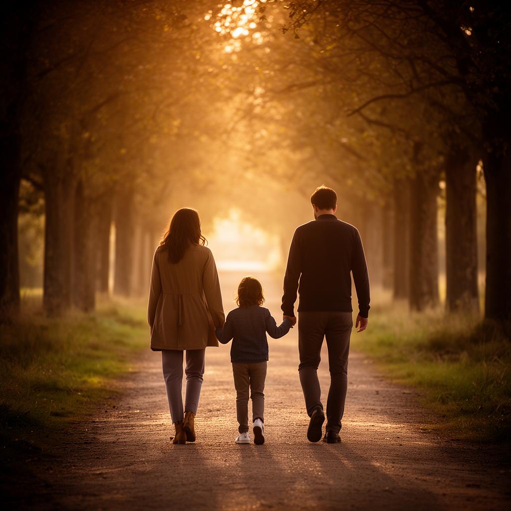 Família caminhando de mãos dadas em alameda arborizada ao entardecer